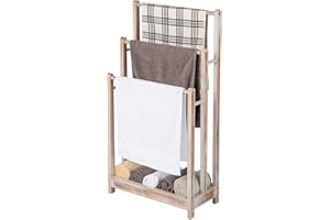 COSTWAY Freestanding Towel Rack, Solid Wood Towel Holder Drying Stand with 3 Towel Rails and Storage Shelf, Bathroom Accessory Organizer for Bath & Hand Towels, 45x22x86cm (Pine Wood, Vintage White)