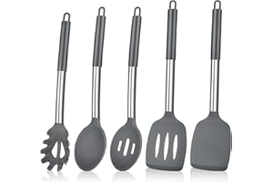 Herogo Kitchen Utensils Set, 5 Pieces Silicone Cooking Utensil with Stainless Steel Handle, Heat Resistant Kitchen Cooking Tools Turner Spoon Spatula for Nonstick Cookware Pan – Grey