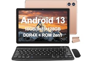 WOZIFAN 10.1" Android 13 Tablet, UMCP(16GB(8+8) DDR4X 128GB ROM 2 en 1) Procesador Ultra Suave MTK8183 8-Core 2.0Ghz, Dual WiFi BT5.0 GPS con Estuche Teclado Mouse para Juego, Trabajo, Estudio- Oro