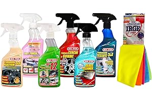 Ma-Fra Kit detergente per Trattamento Auto Interno ed Esterno. 3IN1 PLASTICA-LAST TOUCH-HP 12 - CERCHI & GOMME - GLASS CLEANER - Trattamento TESSUTTI 3IN1 INSIEME 7 PANNI MICROFIBRA MULTIUSO 30x35 cm