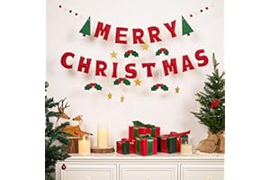 SUNBEAUTY Merry Christmas Banner Felt Christmas Garland Xmas Hanging Bunting Red Green Letter with Glitter Stars 3D Xmas Decorations Indoor for Party Home Window Fireplace Bedroom Office