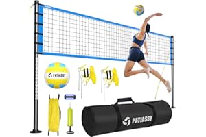 Patiassy Système de filet de volley-ball portable d'extérieur – Installation rapide et facile – Poteaux en acier à hauteur réglable – Ballon de volleyball en polyuréthane avec pompe et sac de