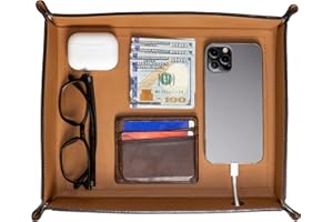 KHIVA Light Brown Genuine Leather Valet Tray for Men, Key Bowls for Entry Table, Nightstand Tray, Large Mens Valet Tray, Catch All Tray, Wallet Key Tray, Dresser Bedside Tray, Leather EDC Tray