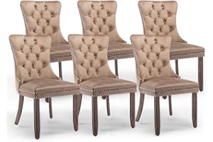 SoarFlash Ensemble de 6 Chaises de Salle à Manger en Velours, avec Dossier à Ailes tapissé, piquetage à Boutons, Garniture rivetée, Anneau décoratif de Dossier et Jambes en Bois, Kaki