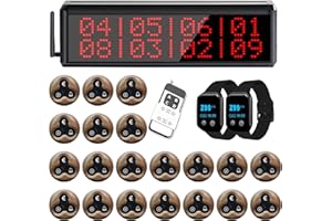 WNKRUN Wireless Restaurant Pager System Beeper Pager Calling System with 1 Number Display Host/Wood Grain Color 3-Key Call Buttons with Cancel/2 Watch Pagers