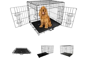 Straame Heavy-Duty Folding Dog Crate for Medium Dogs, 78 × 46 × 53 cm (30″) Black Metal Cage with Front & Side Doors, Chew-Resistant, Removable Easy-Clean Plastic Tray & Carry Handle