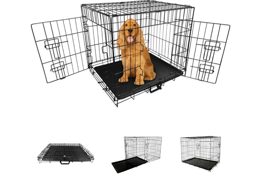 Straame Heavy-Duty Folding Dog Crate for Medium Dogs, 78 × 46 × 53 cm (30″) Black Metal Cage with Front & Side Doors, Chew-Resistant, Removable Easy-Clean Plastic Tray & Carry Handle