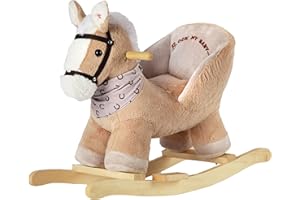 ROCK MY BABY Rocking Horse - Soft Stuffed Body,Safety Seat Chair, Wooden Rockers, Music Button – Toddler Ride-On Toy for Ages 1–3 (caramel)