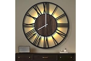 Maxstar 80CM Large Wall Clock for Living Room, Battery Operated,Nearly Silent,Wood Style,Modern Led Wall Clock for Bedroom,Garage,Office,Dining Room, Kitchen Decor(Roman numerals,Black-32)