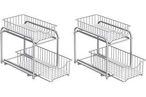 SONGMICS 2 Organizzatori da Cucina, Scaffali a 2 Ripiani Estraibili per Armadietto, Organizzatori Impilabili Sottolavello con Cassetti Portaoggetti, per Cucina, Bagno, Grigio Tortora KCS017E02V1