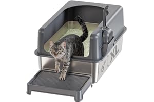 BSADNE Stainless Steel Litter Box High Sides, Extra Large Cat Litter Box Enclosure for Big Multiple Cats with Lid, Metal Litter Tray, Non-Sticky (24''L X 16''W X 12''H with Scoop&mat)