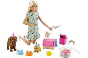 Barbie -Playset Festa con i Cuccioli, con Bambola, 2 Cuccioli, Pasta Modellabile e Accessori, Giocattolo per Bambini 3+ Anni, GXV75
