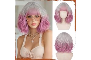 ‎SOFEIYAN Sofeiyan Kurze Gewellte Bob Perücke mit Pony Damen 30 cm Rosa-Violett Synthetische Perücke für Frauen Natürliche Lockige Perücke für Cosplay Alltag Party Halloween