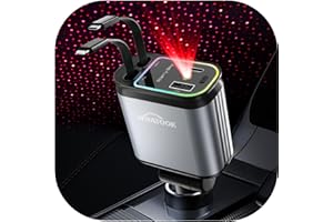 WHATOOK 4 in 1 Einziehbares Auto Ladegerät: 66W Handy Schnelles Autoladegerät Zigarettenanzünder mit Sternenhimmel LED, USB C Ladekabel für iPhone, Samsung Galaxy, Google Pixel, Tablets