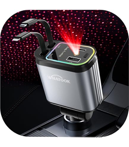 Sigarettenaansteker met sterrenhemel, 120 W autolader met USB-C-snellaadfunctie, geïntegreerde intrekbare kabel, autolader voor iPhone, Samsung enz., compatibel met voertuigen