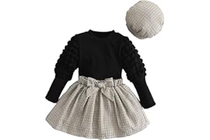 HEOXIN Gonna a Quadri Vestito Bambina, Mini Abito+ Top + Cappello Tartan Abbinato Set di 3 Pezzi, Abito da Principessa con Fiocco, Top con Maniche a Sbuffo e Cappello per Neonati 3-7 Anni, Nero