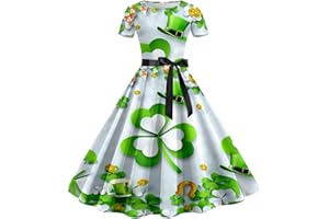 GENERIC Women's St Patricks Day Short Sleeve Dress Clover Pattern Dress Irish Vintage Retro Fancy Dress Irish Swing Dancing Dress