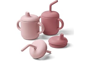 Navik | bicchiere bambino di silicone | neonato 6 mesi | cannuccia e beccuccio | tazza bambini con due manici | Rosa e rosa pallido