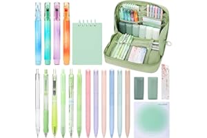 ESSALOO 22 Pezzi Set di Cancelleria per Studenti con Astuccio, 11 Penne Neutre, 4 Evidenziatori, 1 Matite Meccaniche, Regalo Bambina 6 7 8 9 10 11 12 Anni, Verde