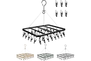 Etendoir Chaussette, Pinces à Linge Acier Inoxydable, Cintre Carré Crochet 360° Pivotant Séchoir à Linge, Étendoir à Linge à Suspendre avec 41 Pinces, Pliable Pince à Linge étendoir (Noir), LYJ123