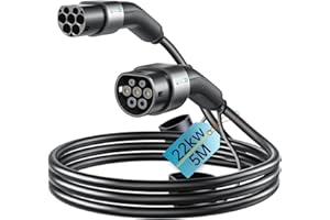 QIAO)) QIAO Câble de Charge de Type 2, câble de Chargeur de Voiture électrique de Type 2 à Type 2 IEC 62196 EV, câble de Charge Rapide Mode 3 EV et PHEV avec Sac de Transport (22 KW, 5 m)