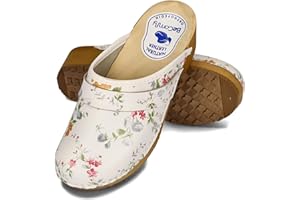 BeComfy Sabots en Cuir pour Femme Mules à Talons en Bois Étoiles Fleurs Colorées Bleu Blanc 35-41 EU