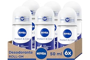 NIVEA Protect & Care Roll-on en pack de 6 (6 x 50 ml), desodorante antitranspirante con el aroma de NIVEA Creme, desodorante roll on con 0% alcohol