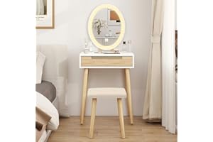 YU YUSING Tocador de Maquillaje con luz, 1 cajones, Organizador extraíble, Mesa cosmética con Taburete tapizado, para Dormitorio, vestidor，Moderno, Espejo Ovalado, Color de Madera