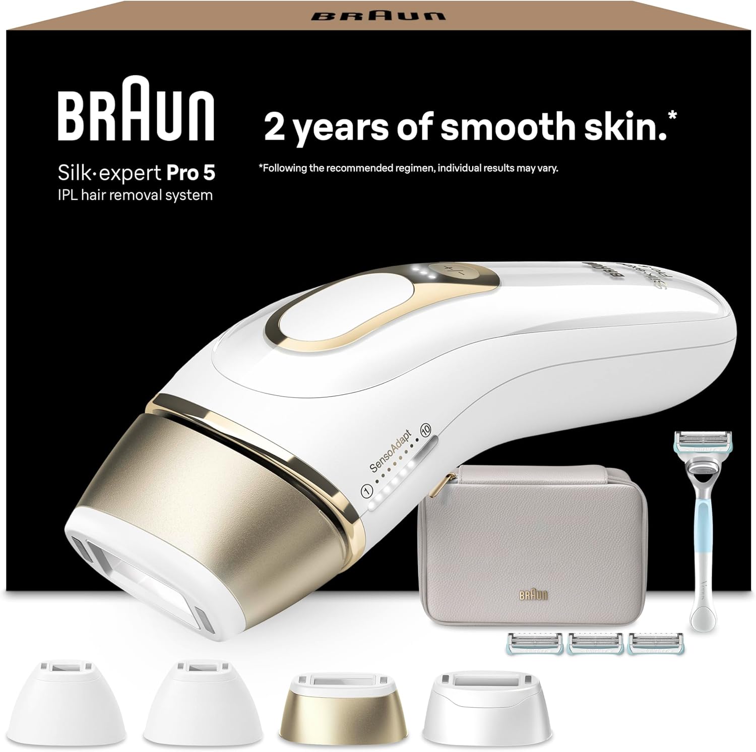 Braun Luz Pulsada Silk·expert Pro 5, Alternativa a Depiladora Laser, Eliminación del Vello en Casa, Depiladora IPL con Funda, Maquinilla Venus, 4 Cabezales para Cara Y Cuerpo, Blanca/Dorada, PL5358
