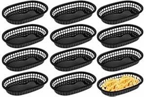Cabilock 12 Unidades Cestas de Plástico Negras para Servir Comida - Bandejas Ovaladas para Hamburguesas, Patatas Fritas y Tapas - Cestas de Servicio Reutilizables para Hostelería, Fiestas y B