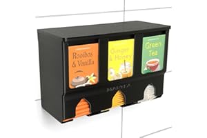 MARTEA Teeregal für die Wand - hängender Teebeutelspender zur hochkant Tee Aufbewahrung als Gastro Küchen Organizer (schwarz, Kunststoffdeckel, inklusive Fachverkleinerung)