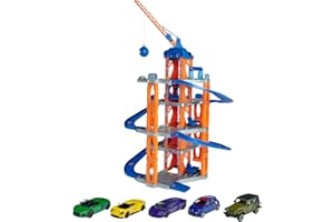 Majorette 212059987 Garage 5 étages avec Ascenseur et 5 Voitures en métal, avec Grue et Atelier, Zone de Lavage 53 x 75 cm