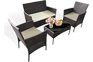 Grennswick 4-Piece Rattan Patio Furniture Set - Outdoor Wicker Sofa & Chairs with Coffee Table, Weather Resistant Garden Conversation Set for Patio, Backyard, or Poolside​ (Brown + Beige Cushions)