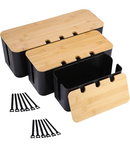 Kabel-Organizer-Box 2 Stück – Schwarz, Mit Bambusdeckel, Kabelclips & Kabelbindern Für Schreibtisch & TV