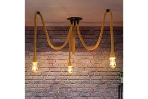 ‎ANWIO ANWIO Deckenlampe mit Hanfseil Kronleuchter, Vintage Industrielles Spinne Deckenleuchte E27, Hängelampe Hanfseil Pendellampe 3 Flammig für Wohnzimmer, Restaurant Halle, Stab, Café, Ohne Leuchtmitttel