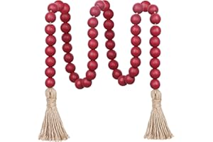 Meplait 39in Wood Bead Garland with Tassels, Farmhouse Rustic Decor Prayer Beads Boho Tassel Garland Wall Hanging Home Decor (Burgundy)