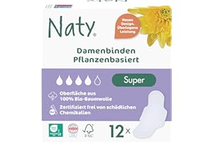 ‎NATY Naty Damenbinden Super mit Flügeln | 100% zertifizierte Bio-Baumwolle auf der Haut | Zertifiziert hautverträglich | Ohne Parfüm, 0% konventionelles Plastik | Absorbierender Schutz | 12 Binden