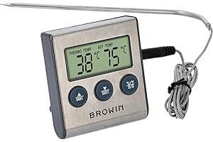 BROWIN®185609 Thermomètre alimentaire avec sonde en acier inoxydable - 1,0 m, 0 à 250°C | Minuteur | alarme | affichage électronique.