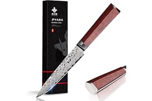 FUJUNI Couteau Universel Damas en Acier Damas 67 Couche VG10 Acier 12 cm Couteau Damas avec Poignée Ergonomique en Bois - Boîte Cadeau