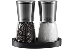 Vevouk Juego de molinillo de sal y pimienta, núcleo de cerámica ajustable de acero inoxidable, molinillo de sal de pimienta y pimienta con soporte de goma para moler de cocina, regalos