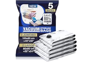 Sac Sous Vide Vetement Aspirateur 5 Pièces 3XL 100X80cm 2L 80x60cm Housse de Rangement Réutilisable Couette Stockez Vêtements la Literie et les Bagages