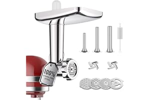 ‎GVODE GVODE Edelstahl-Fleischwolf-Aufsatz für KitchenAid Zubehör, Hohe Qualität – Edelstahl-Fleischwolf für KitchenAid-Zubehör-Set mit 3 Wurstfüllhörner, 2 Schleifklingen und 5 Mahlscheiben