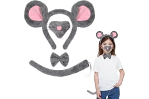 BEIPEGIN 4PCS Accessori Costume Topo, Cerchietto Orecchie Topo Naso Papillon e Coda, Costume di Ratto Costume Animale Bambino Adulto per Feste Halloween Carnevale Cosplay Compleanni Giornata Mondiale del Libro