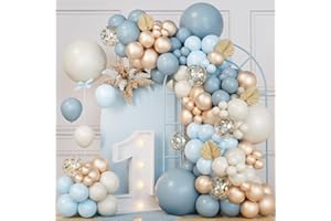 CONLEKE Dusty Baby Blue Balloon Arch Garland Kit 151Pcs,Slate Fog Baby Blue Sand White Metallic Gold Dusty Balloons for Men Boy Baby Shower Bridal Shower Birthday Party Decorations