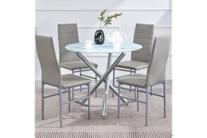 TRESBIEN Round Dining Table and Chairs Set of 4, Modern Glass Table Metal Legs, Table with 4 Chairs