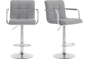 Millhouse Pair of Cuban Bar Stools with Arms & Backrest, Adjustable Swivel Gas Lift, Chrome Footrest for Breakfast Bar & Kitchen, DM717 (Silver Grey)