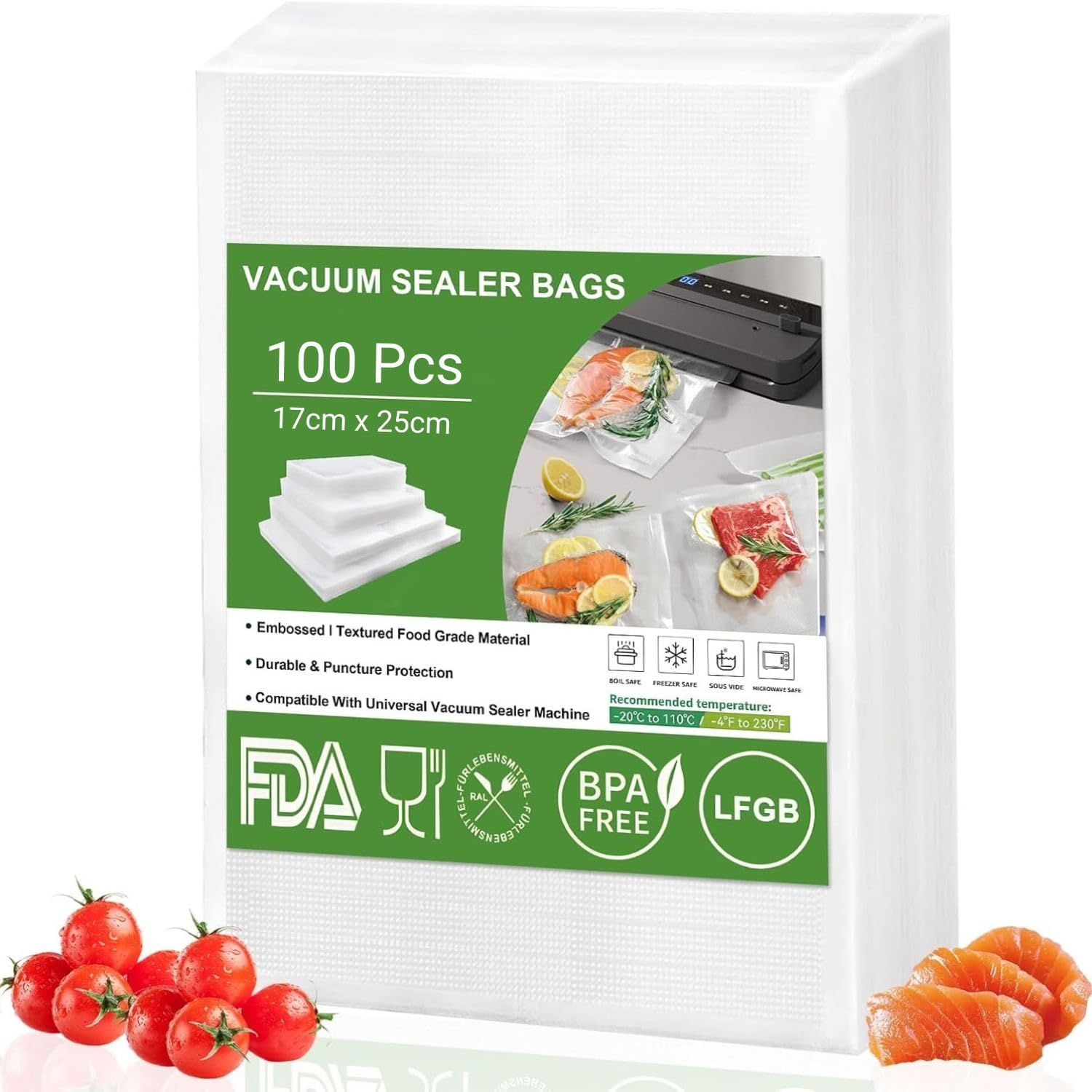 SONIQE Vacuum Pouch 17cm x 25cm, Pack of 100, Dotted Embossed BPA Free Microwaveable Transparent Food Storage Vacuum Bags with 90 Micron Thickness