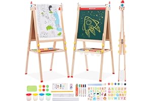 FORROBY Tablica dla dzieci, 2 w 1 drewniana sztaluga z regulacją wysokości, składana tablica dla dzieci z kolorowym papierem rolkowym dla bazgrołów, sztaluga dla 3-12 lat