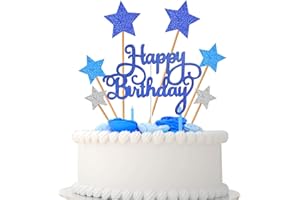 VAINECHAY Birthday Cake Decorations Happy Birthday Cake Toppers for Boy Men Girl Women Kids Blue Star Cupcake Decoration Baby Shower Party Silver