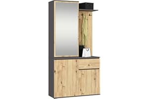 AKORD Garderoben-Set ENTRO Schwarz 95 cm - Kompaktgarderobe Schmaler Flur - 3 Türen, 1 Schublade - 7 Regalböden - Flurgarderoben Modern - Flur Möbel, Industrial Stil Grafitgrau & Eiche Artisan